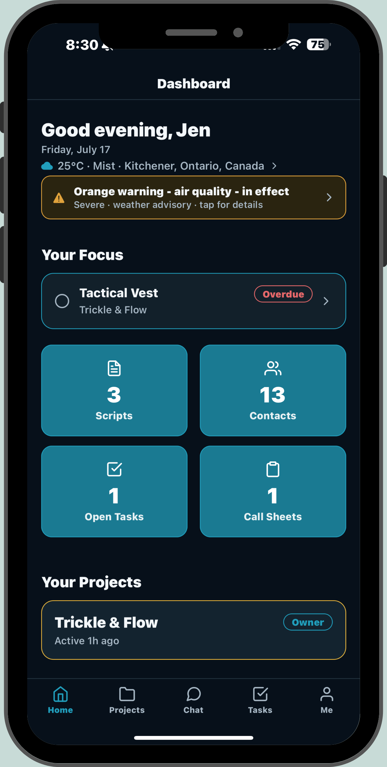 Dashboard on the mobile app