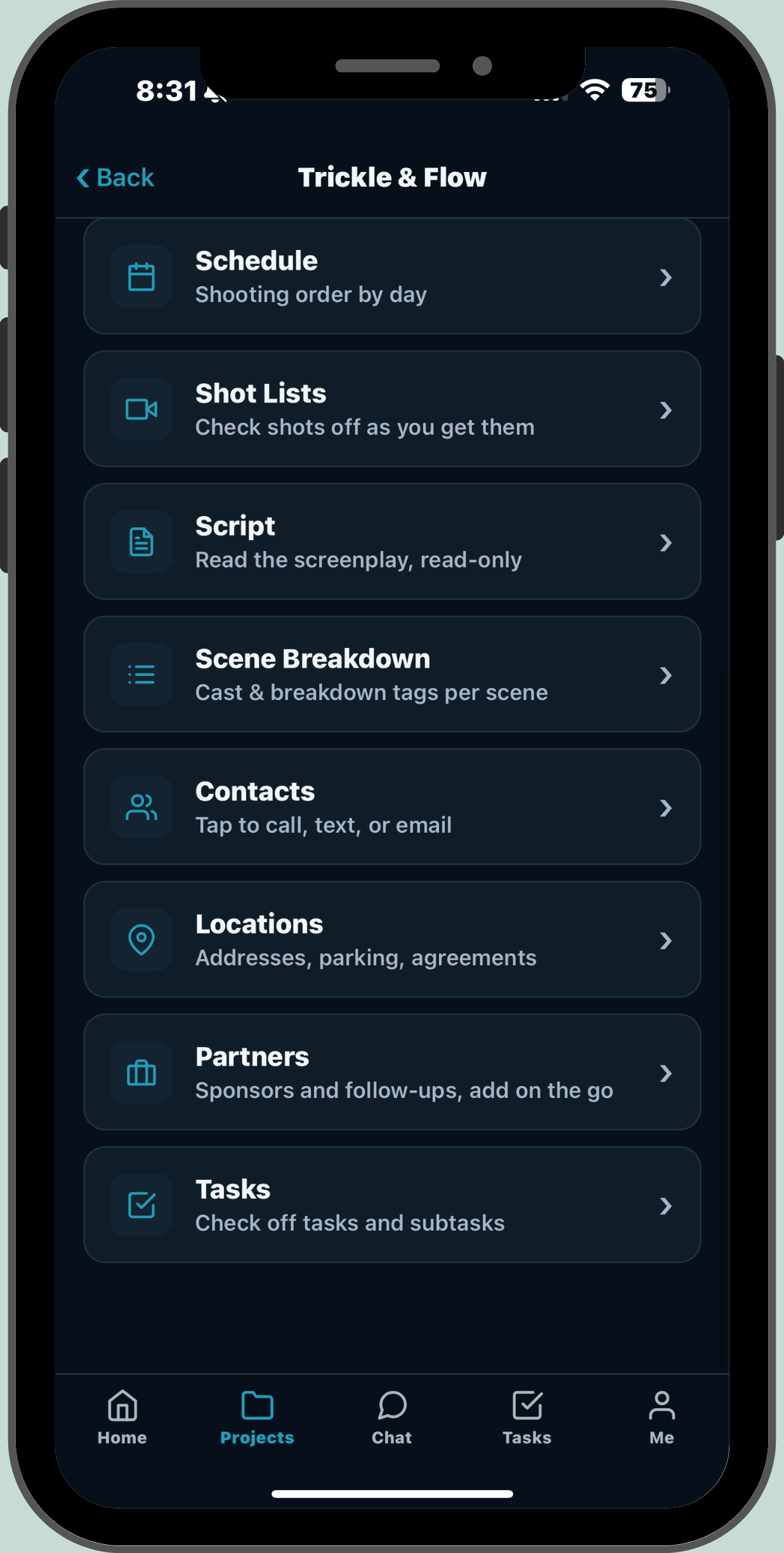 Project hub on the mobile app