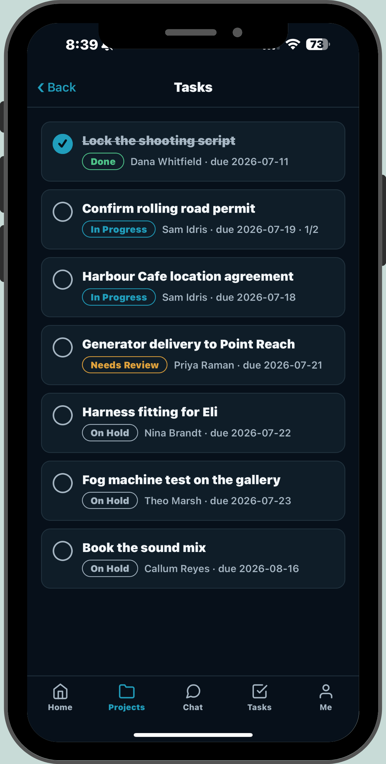 Tasks on the mobile app